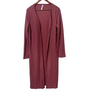 Tickled Teal Waffle Knit Longline Open Front Cardigan Mauve XL Split‎ Hem